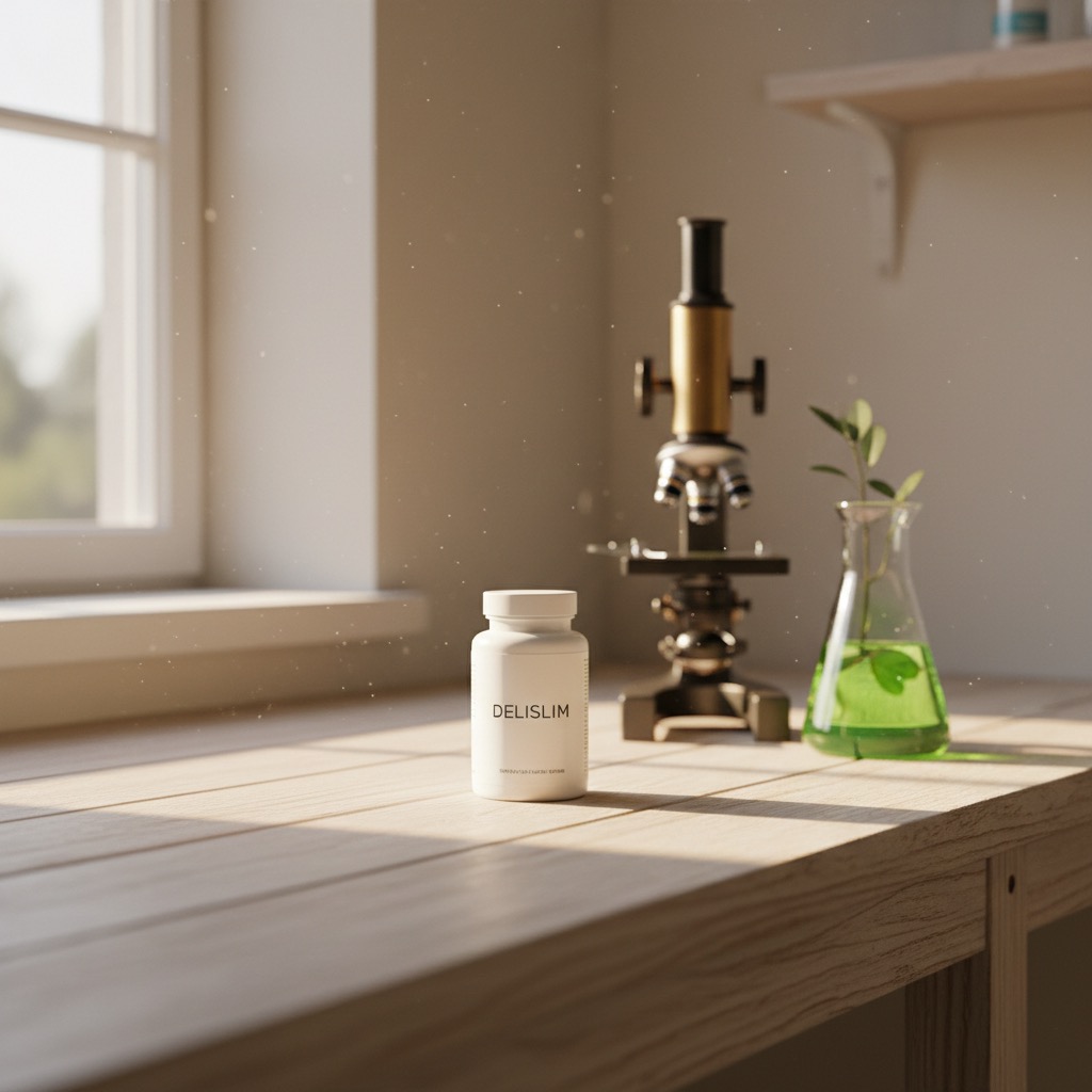 Delislim kapsulas uz laboratorijas galda