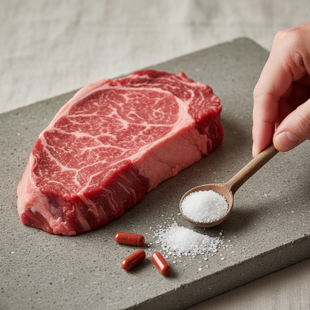 L-karnitīna avots — gaļa uz dēļa